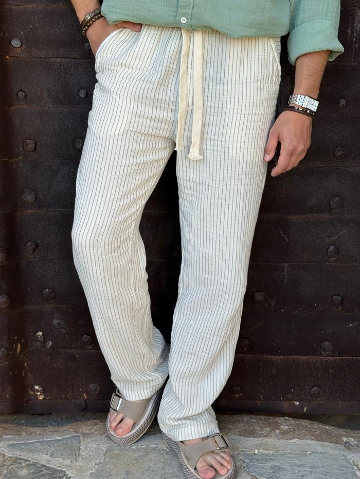 Lyros Çizgili Keten Pantolon