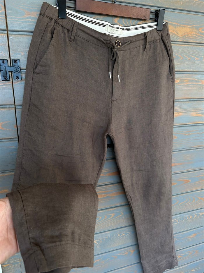 Saf Keten Beli Lastikli İpli Pantolon