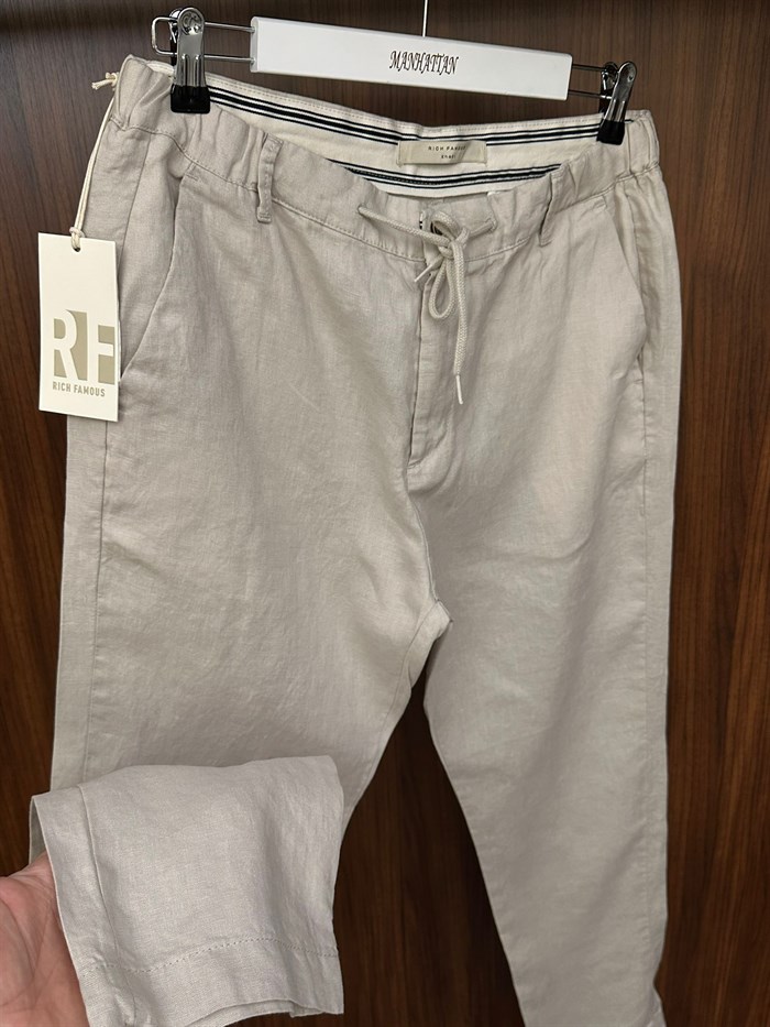 Saf Keten Beli Lastikli İpli Pantolon