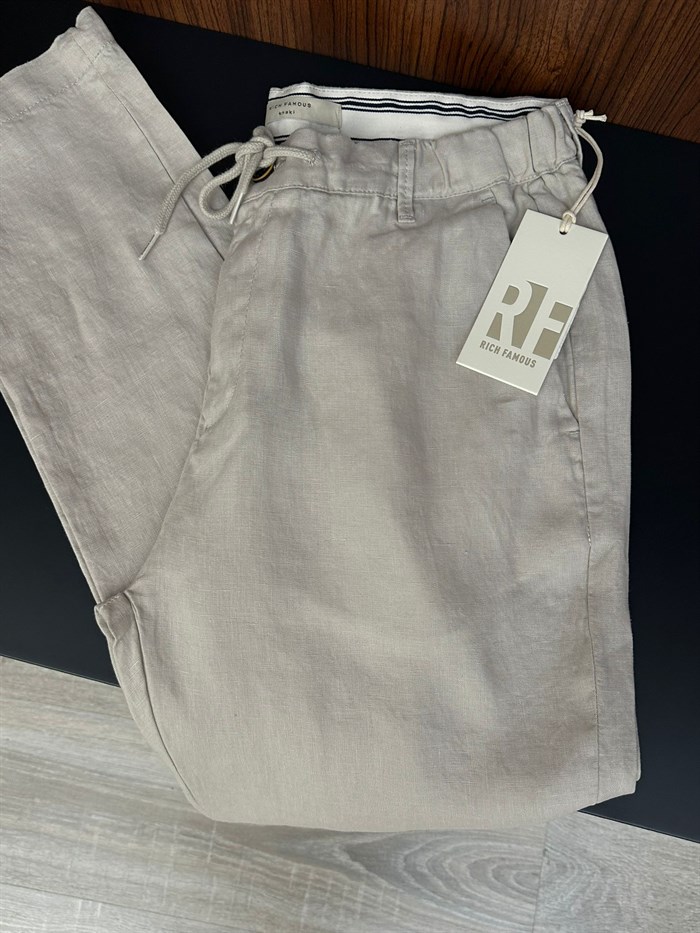 Saf Keten Beli Lastikli İpli Pantolon