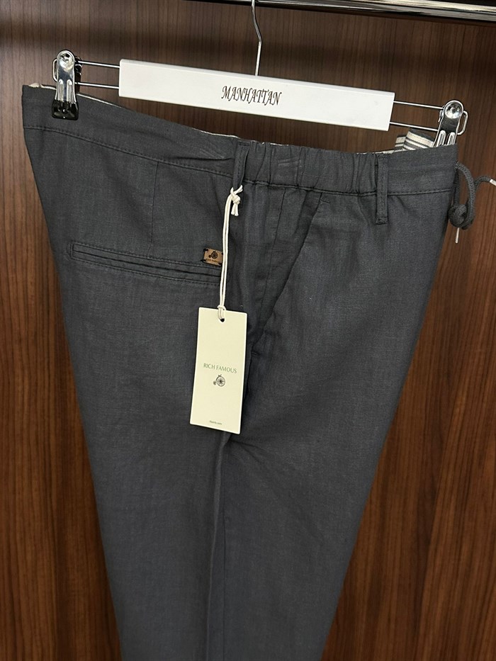 Saf Keten Beli Lastikli İpli Pantolon