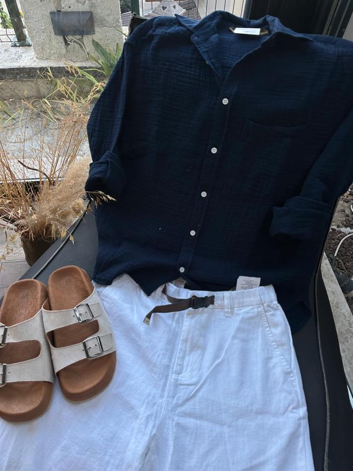 Mikonos Cep Detaylı Basic Müslin Gömlek