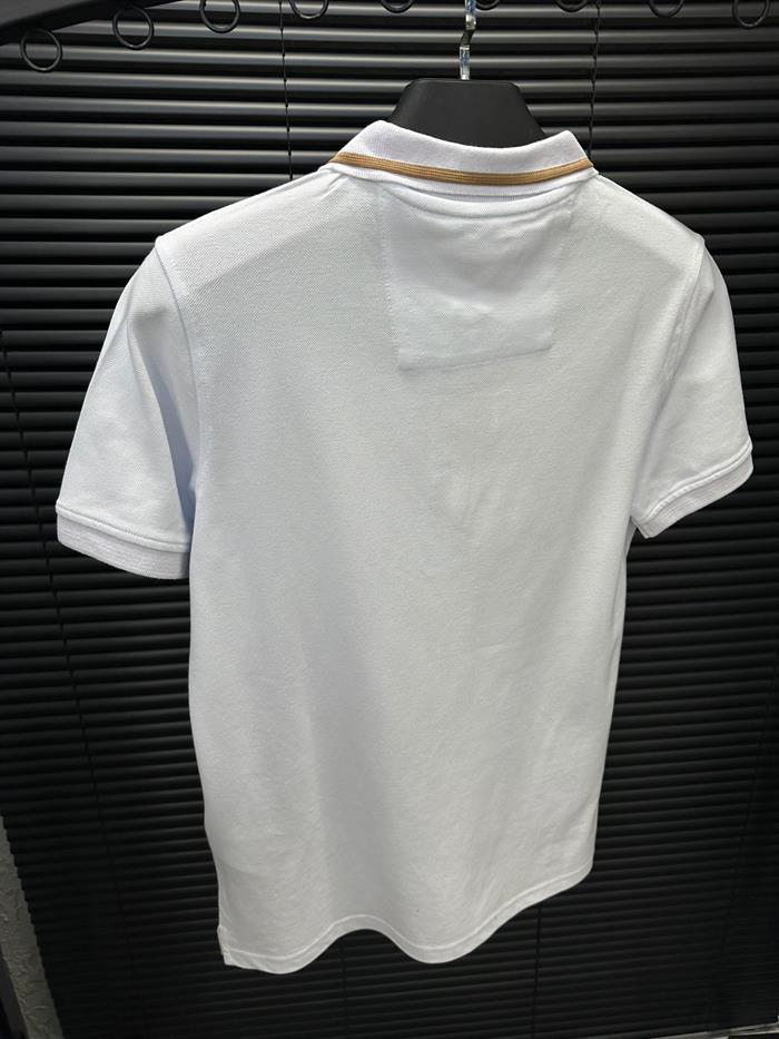 Nakış Baskılı Şerit Detaylı Yakalı T-Shirt - Beyaz