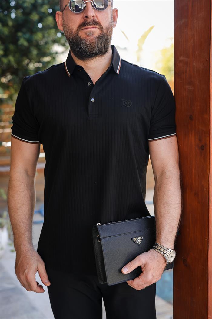 Göğüs Nakış Logolu Triko Yakalı T-Shirt