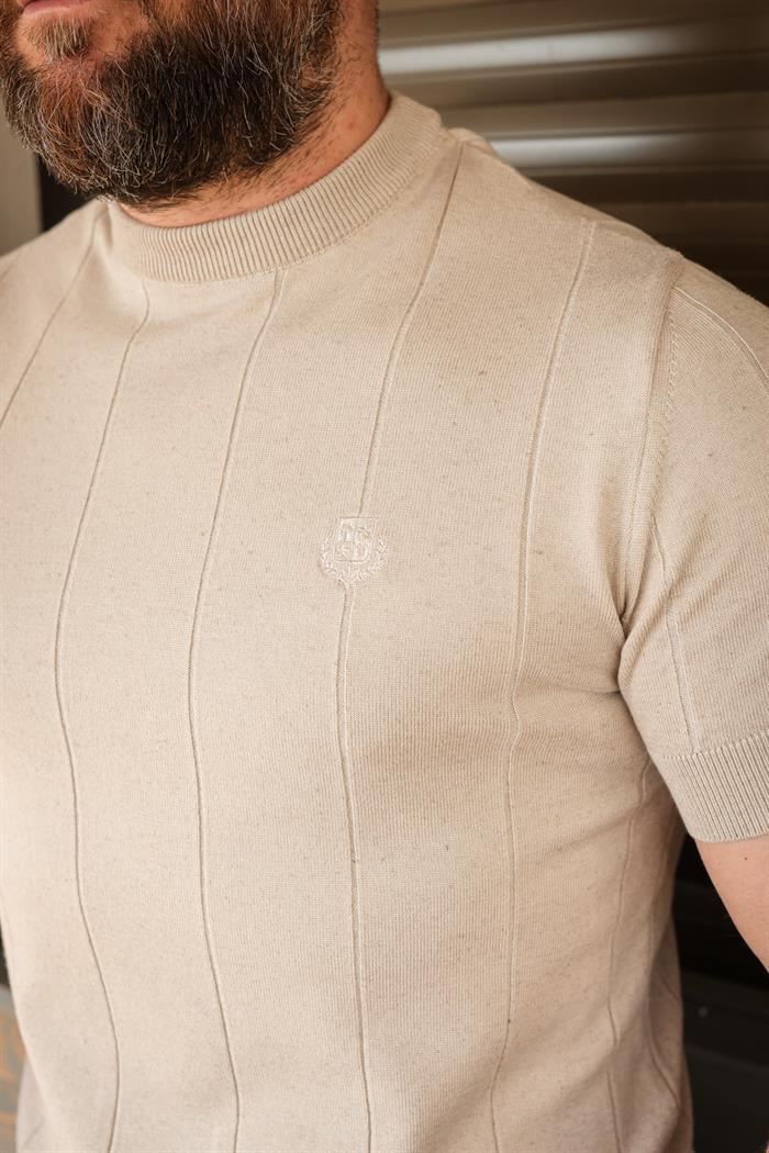Nakış Logolu Bisiklet Yaka Triko T-Shirt