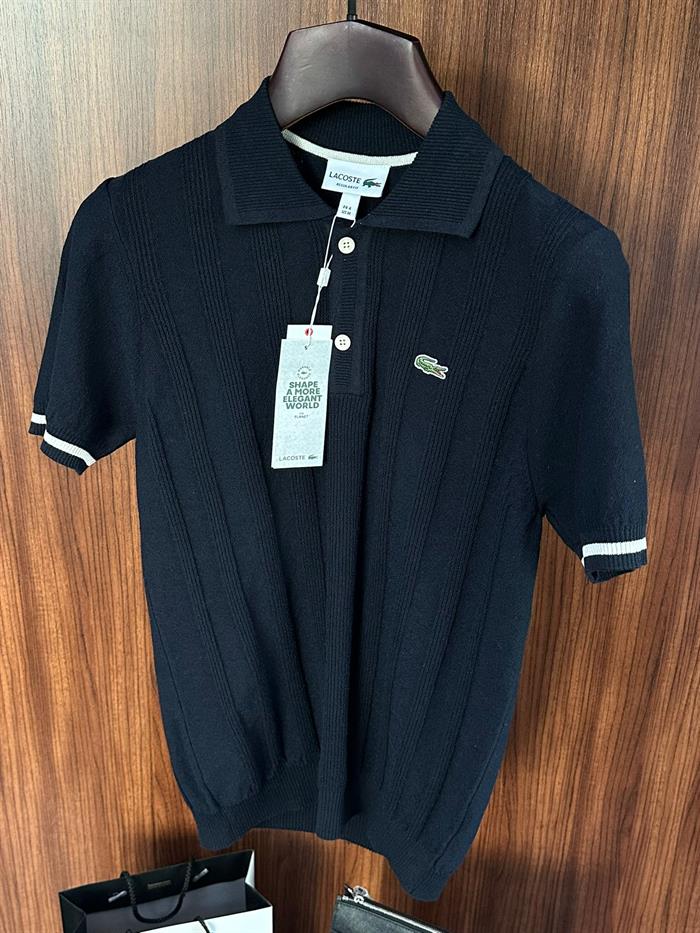 Nakış Logolu Kabartma Çizgili Yakalı Triko T-Shirt