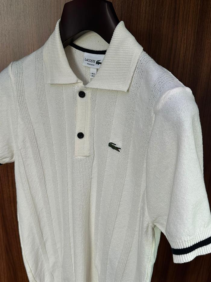 Nakış Logolu Kabartma Çizgili Yakalı Triko T-Shirt