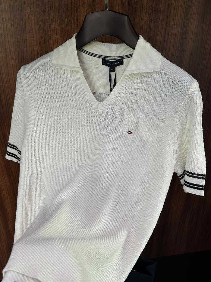 Nakış Logolu Kol Şerit Çizgili Örme Triko T-Shirt