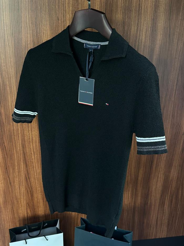 Nakış Logolu Kol Şerit Çizgili Örme Triko T-Shirt