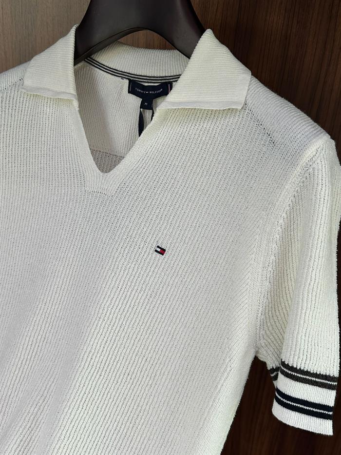 Nakış Logolu Kol Şerit Çizgili Örme Triko T-Shirt