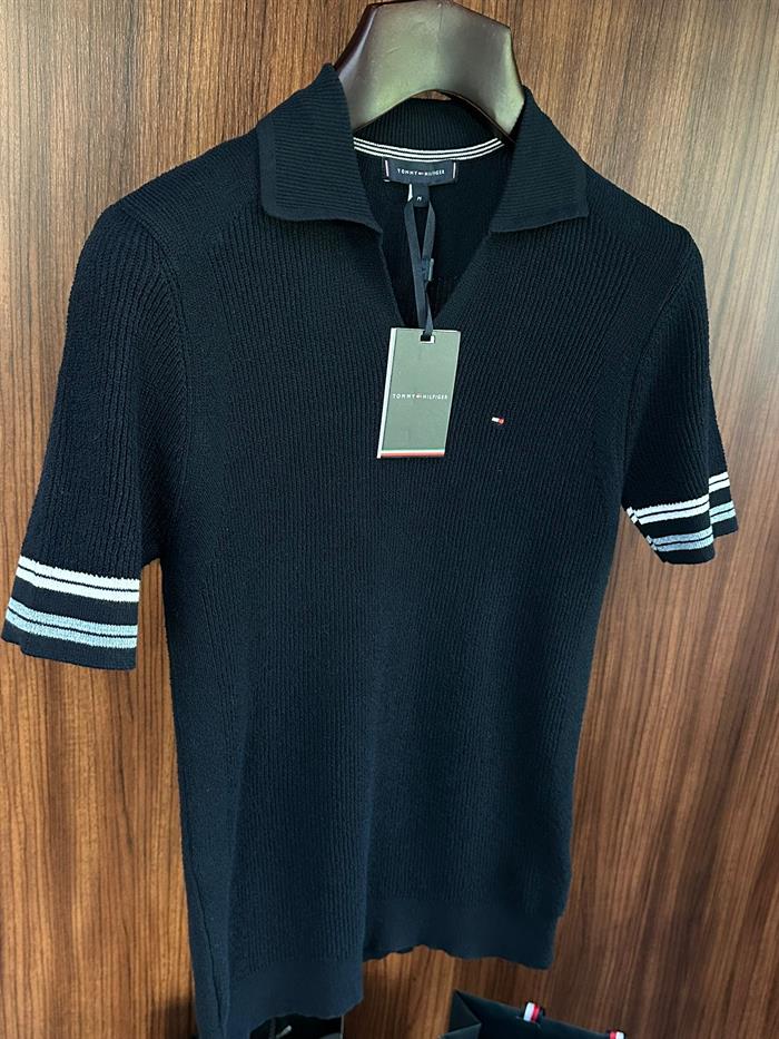 Nakış Logolu Kol Şerit Çizgili Örme Triko T-Shirt