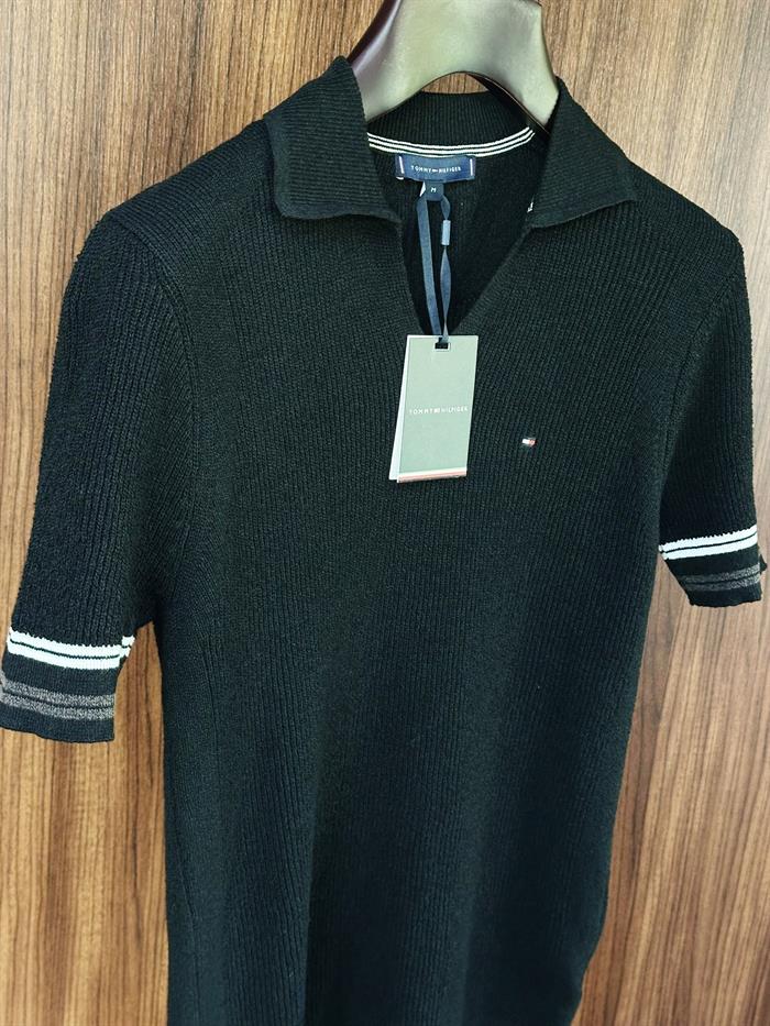 Nakış Logolu Kol Şerit Çizgili Örme Triko T-Shirt