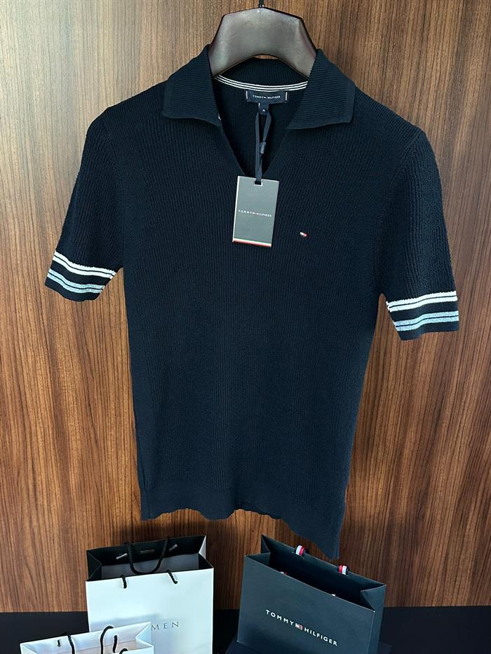 Nakış Logolu Kol Şerit Çizgili Örme Triko T-Shirt