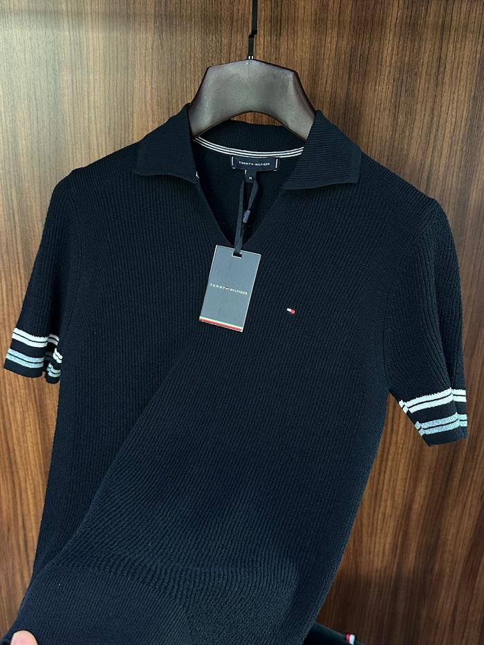 Nakış Logolu Kol Şerit Çizgili Örme Triko T-Shirt