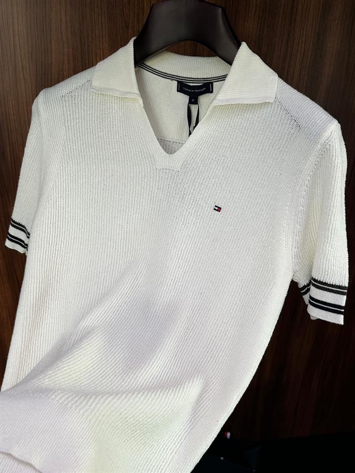 Nakış Logolu Kol Şerit Çizgili Örme Triko T-Shirt