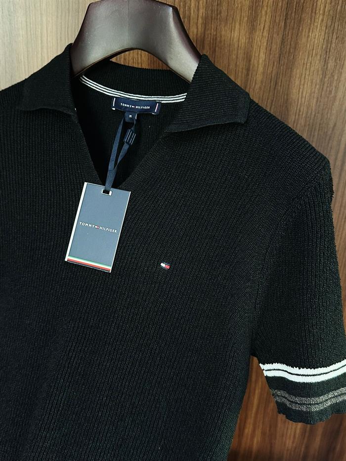 Nakış Logolu Kol Şerit Çizgili Örme Triko T-Shirt