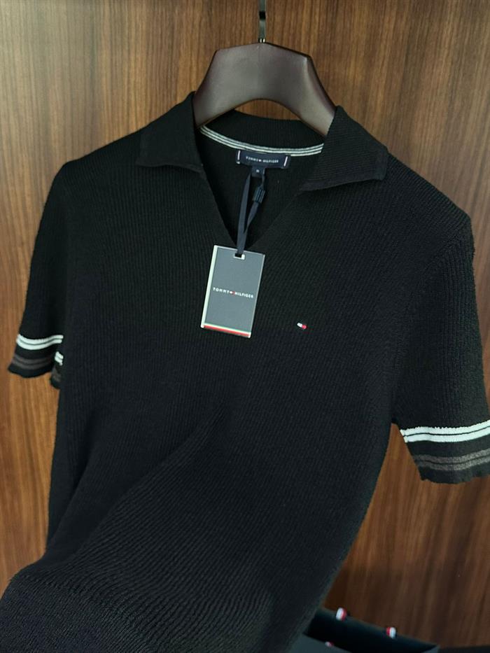 Nakış Logolu Kol Şerit Çizgili Örme Triko T-Shirt