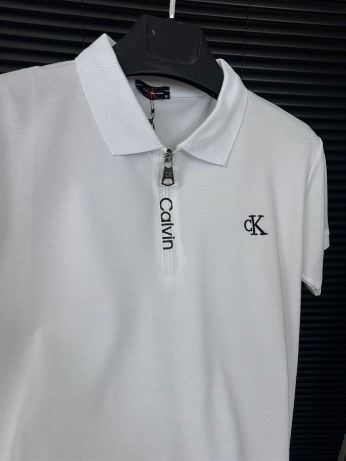 Nakış Marka Logolu Fermuarlı Yakalı T-Shirt - Beyaz