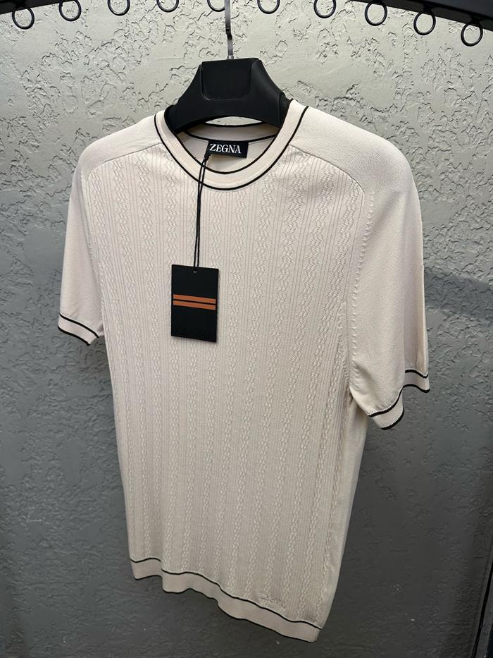 Tonaton Desenli Şerit Detaylı %100 Triko T-Shirt