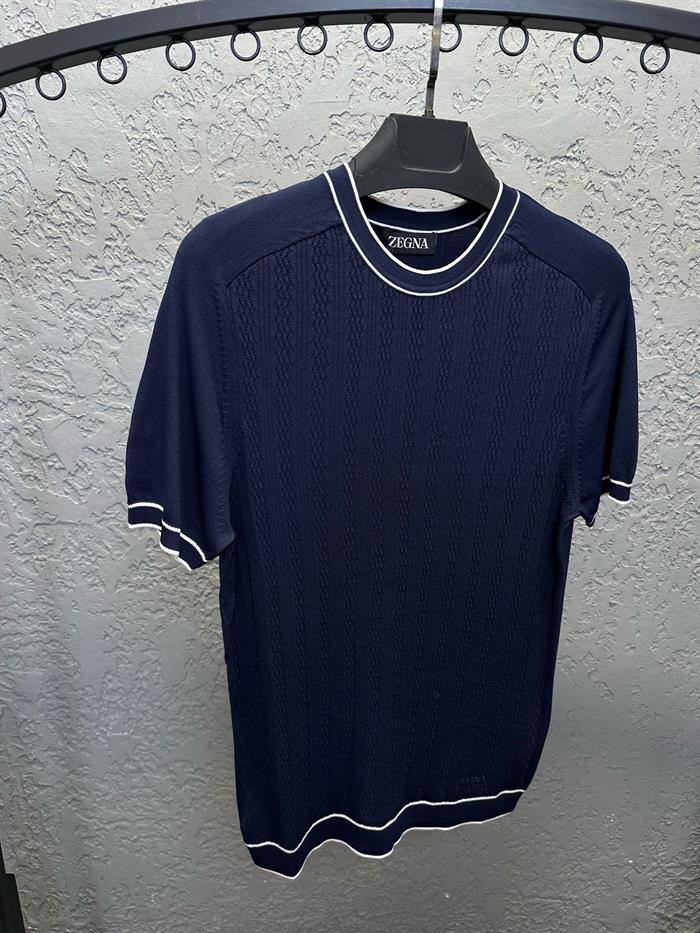 Tonaton Desenli Şerit Detaylı %100 Triko T-Shirt