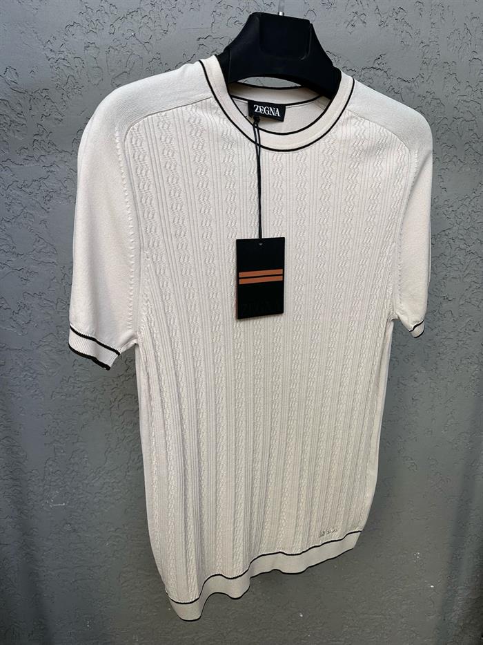 Tonaton Desenli Şerit Detaylı %100 Triko T-Shirt