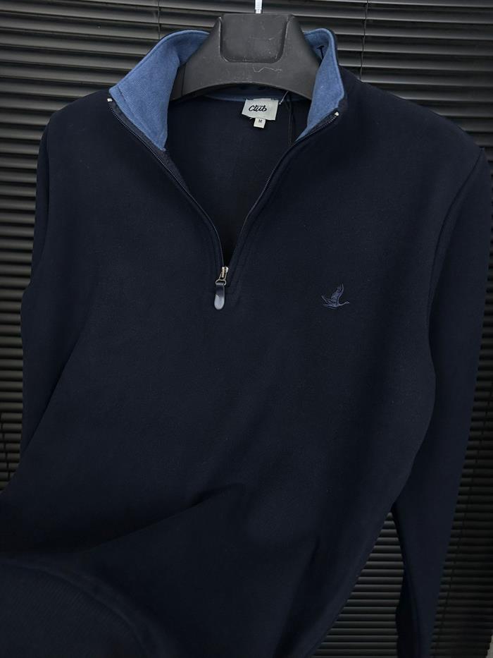 Selanik Kumaş Yaka Yazılı Yarım Fermuar Sweatshirt