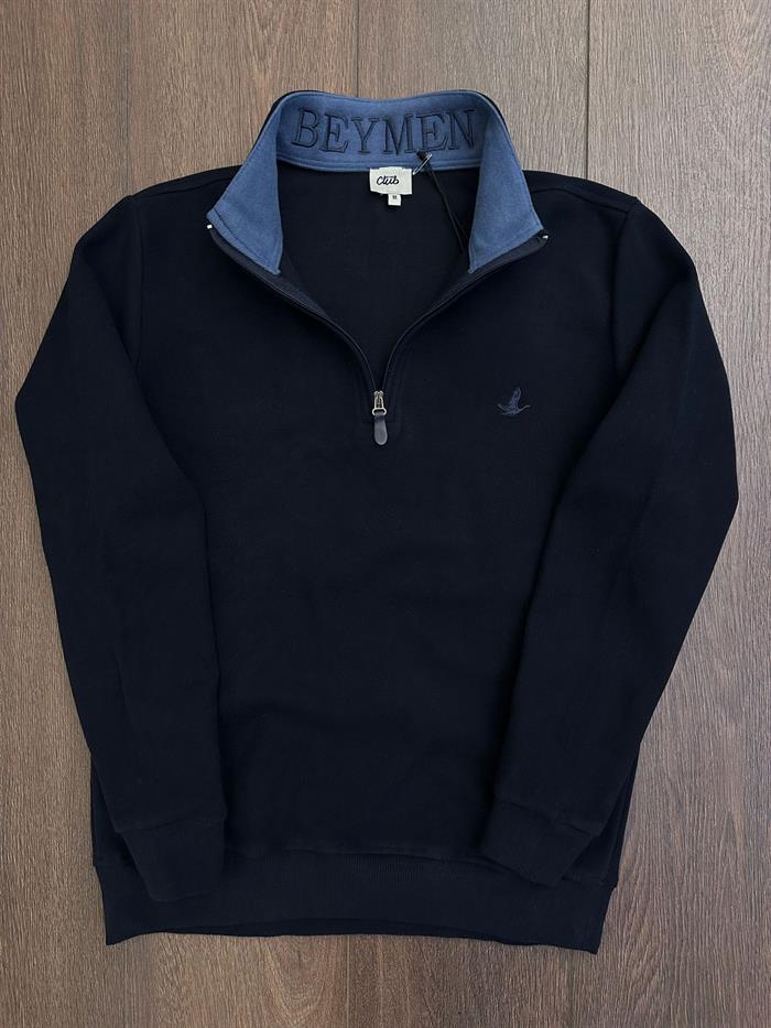 Selanik Kumaş Yaka Yazılı Yarım Fermuar Sweatshirt