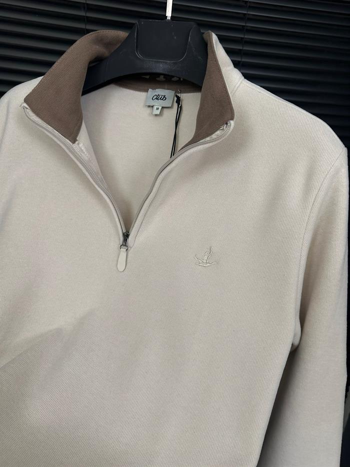 Selanik Kumaş Yaka Yazılı Yarım Fermuar Sweatshirt