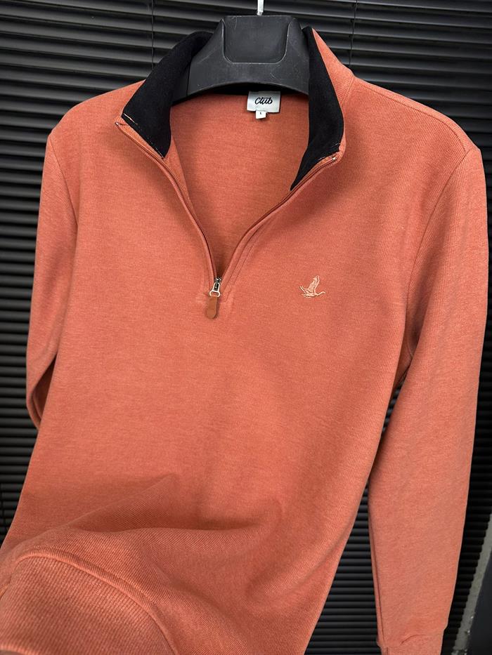 Selanik Kumaş Yaka Yazılı Yarım Fermuar Sweatshirt