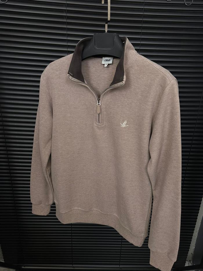 Selanik Kumaş Yaka Yazılı Yarım Fermuar Sweatshirt