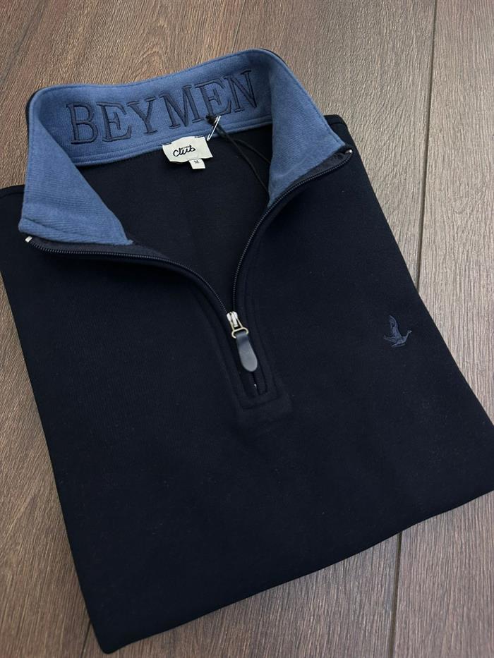 Selanik Kumaş Yaka Yazılı Yarım Fermuar Sweatshirt