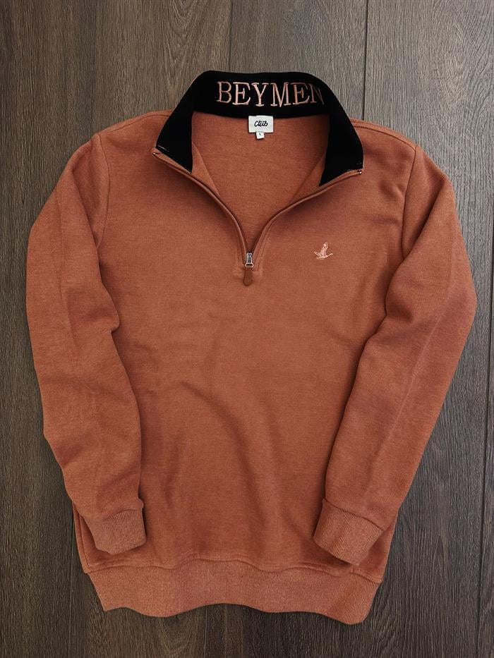 Selanik Kumaş Yaka Yazılı Yarım Fermuar Sweatshirt