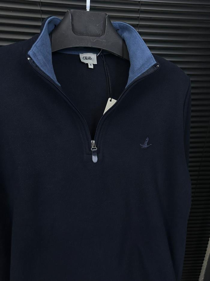 Selanik Kumaş Yaka Yazılı Yarım Fermuar Sweatshirt