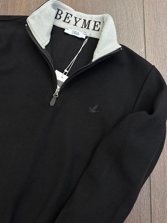 Selanik Kumaş Yaka Yazılı Yarım Fermuar Sweatshirt