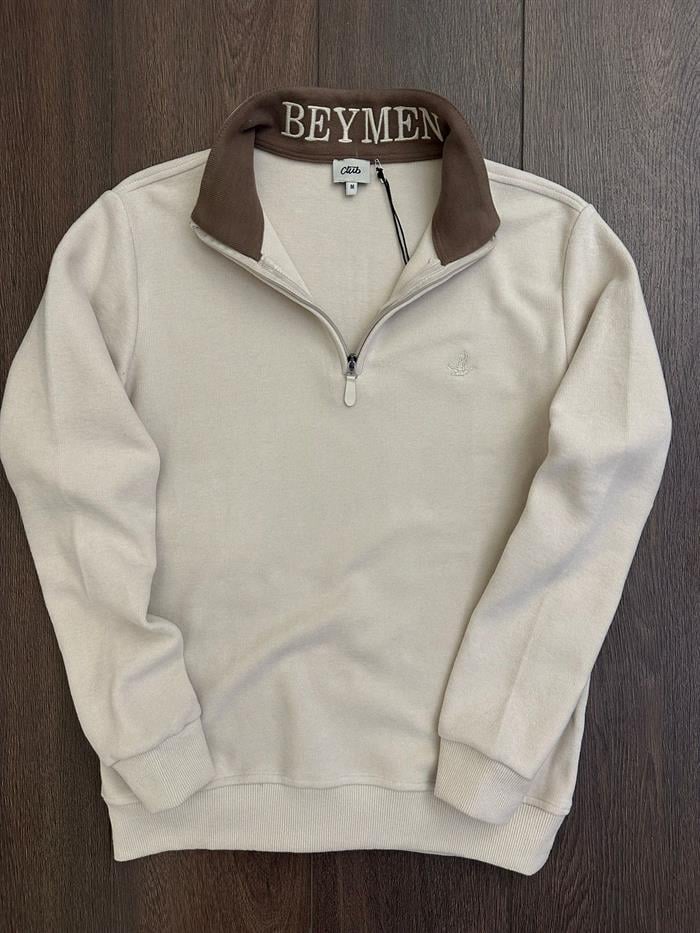 Selanik Kumaş Yaka Yazılı Yarım Fermuar Sweatshirt