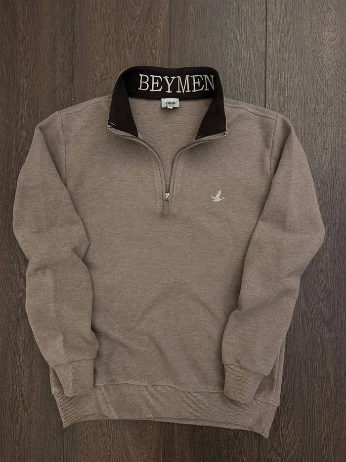 Selanik Kumaş Yaka Yazılı Yarım Fermuar Sweatshirt