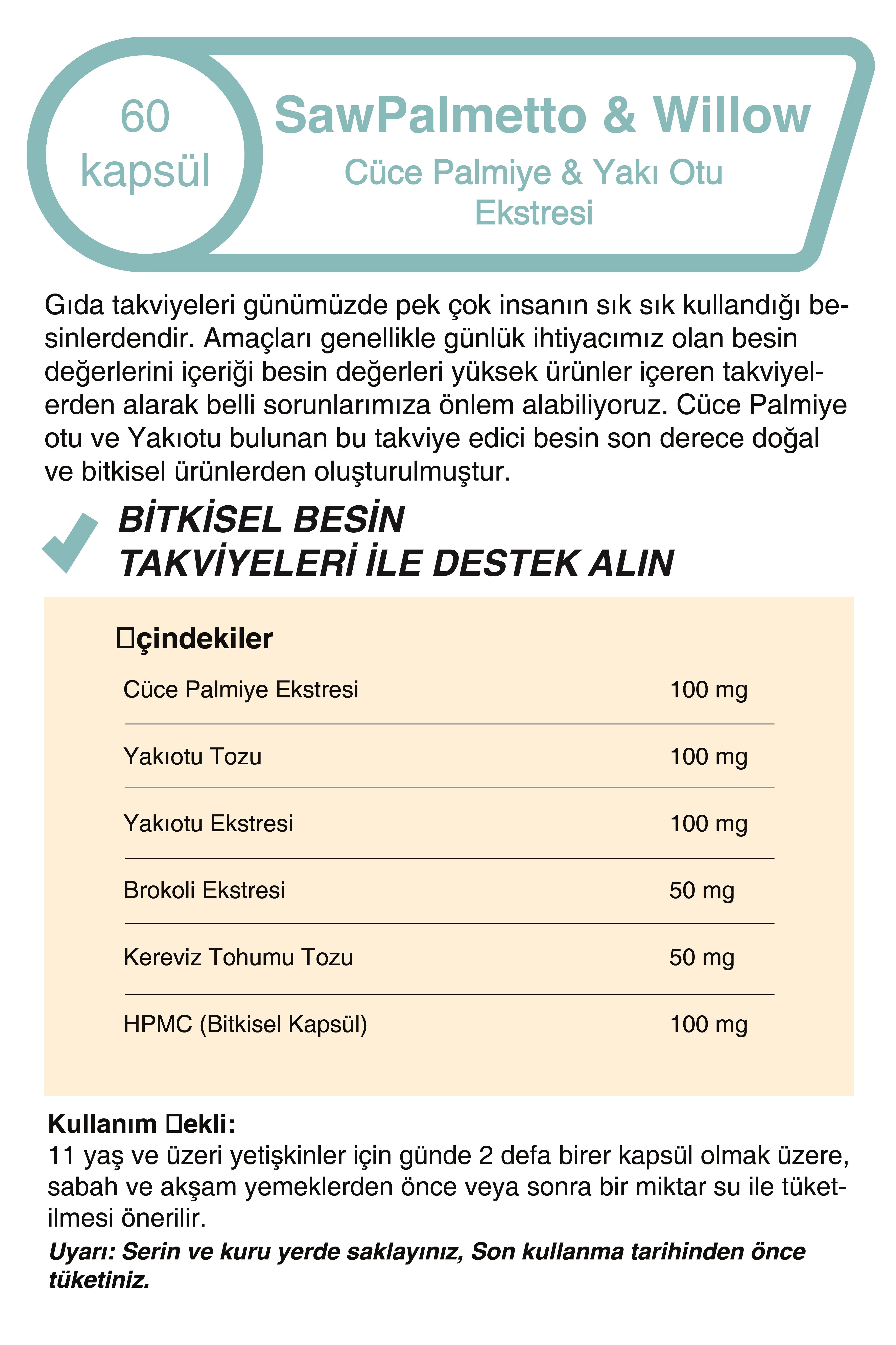 Cüce Palmiye & Yakı Otu Ekstresi 500 Mg 60 Kapsül