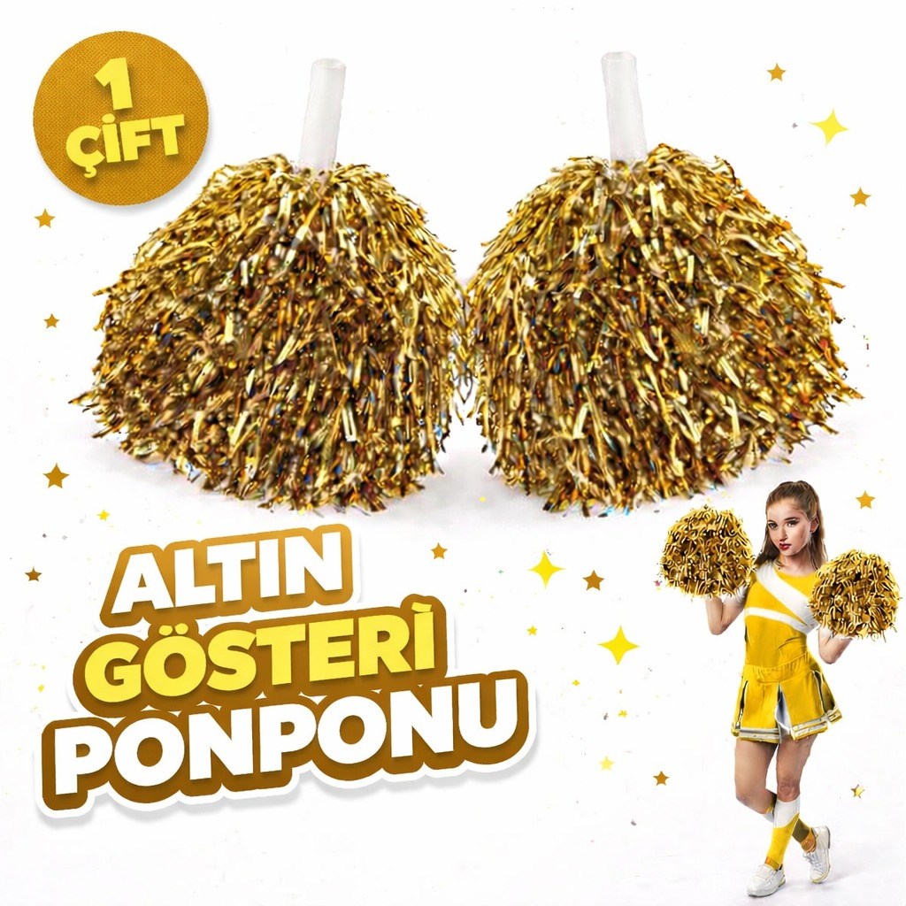 1 Çift ( 2 Adet ) Altın Renk 23 Nisan 19 Mayıs 29 Ekim Okul Gösteri Ponponları Ekstra Dolgun