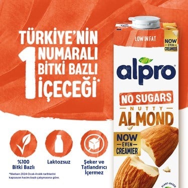 1 L Vegan Laktozsuz Şekersiz Badem Sütü