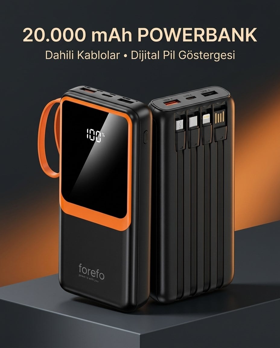 1. Çoklu Çıkışlı 20000 mAh Powerbank Entegre Kablolu Dijital Ekranlı Taşınabilir Şarj Cihazı