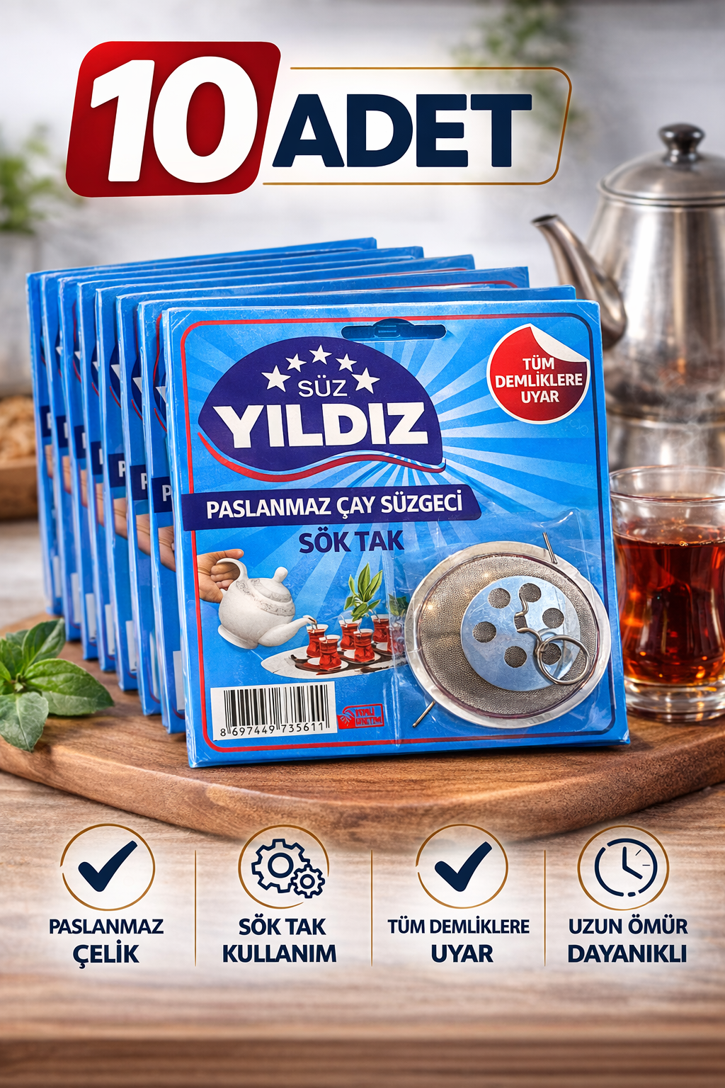 10 Adet Paslanmaz Çelik Çaydanlık Demlik Süzgeci Sök Tak Çay Süzgeci Tüm Demliklere Uyumlu Çaydanlık Filtresi