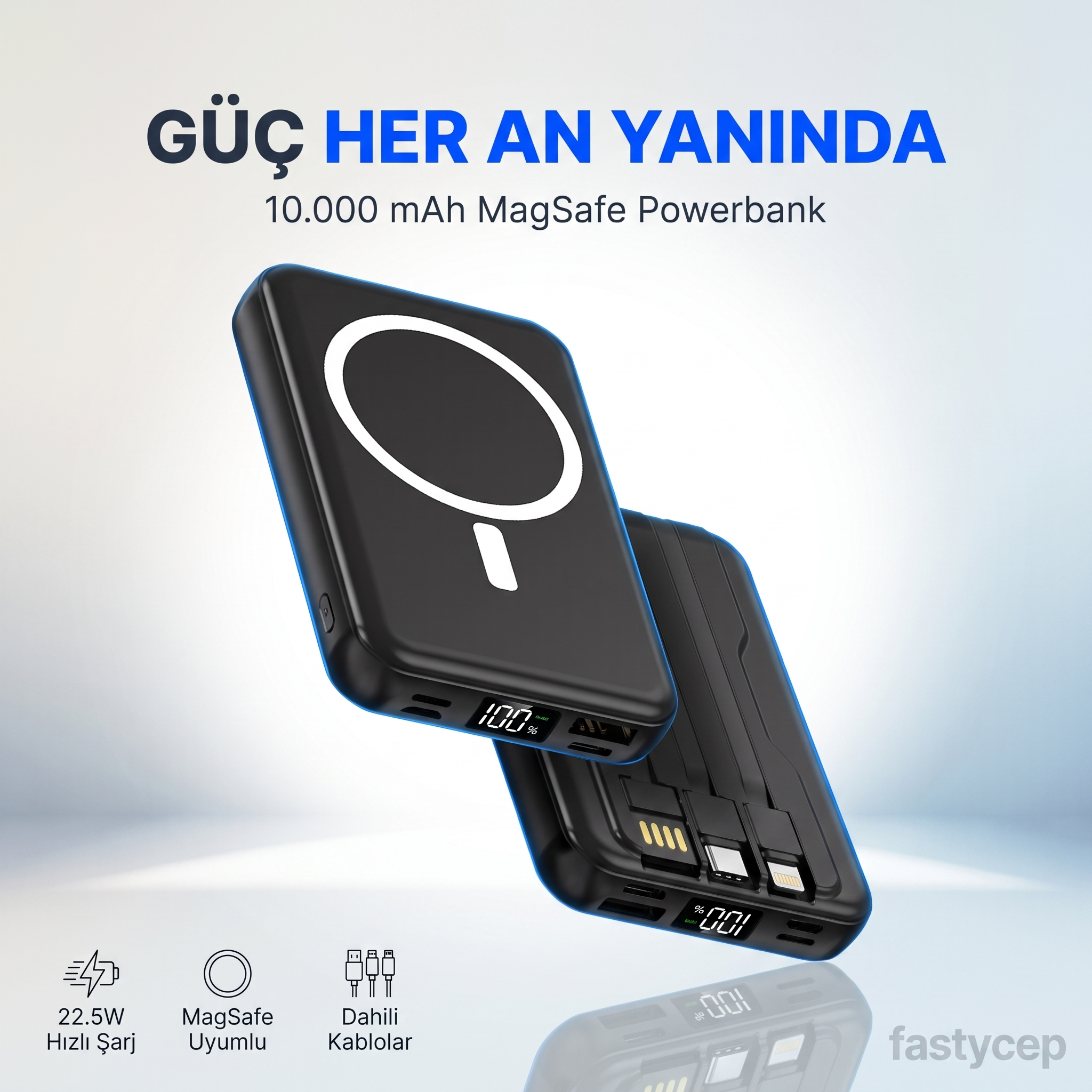 10.000 Mah Kablosuz Hızlı Şarjlı MagSafe Powerbank LED Ekranlı Dahili Kablolu Powerbank Çoklu Giriş