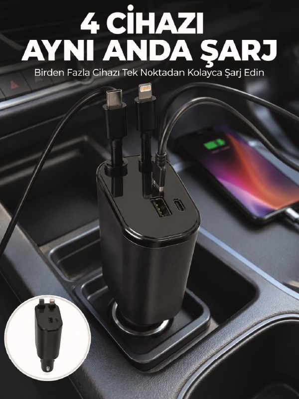 120W Hızlı Şarj Destekli 4'ü 1 Arada Araç Şarj Cihazı Type-C, Lightning, USB ve USB-C Çıkışlı
