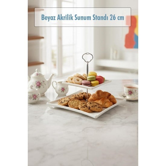 2 Katlı Beyaz Akrilik Meyvelik & Kurabiyelik & Sunum Standı - 26 cm