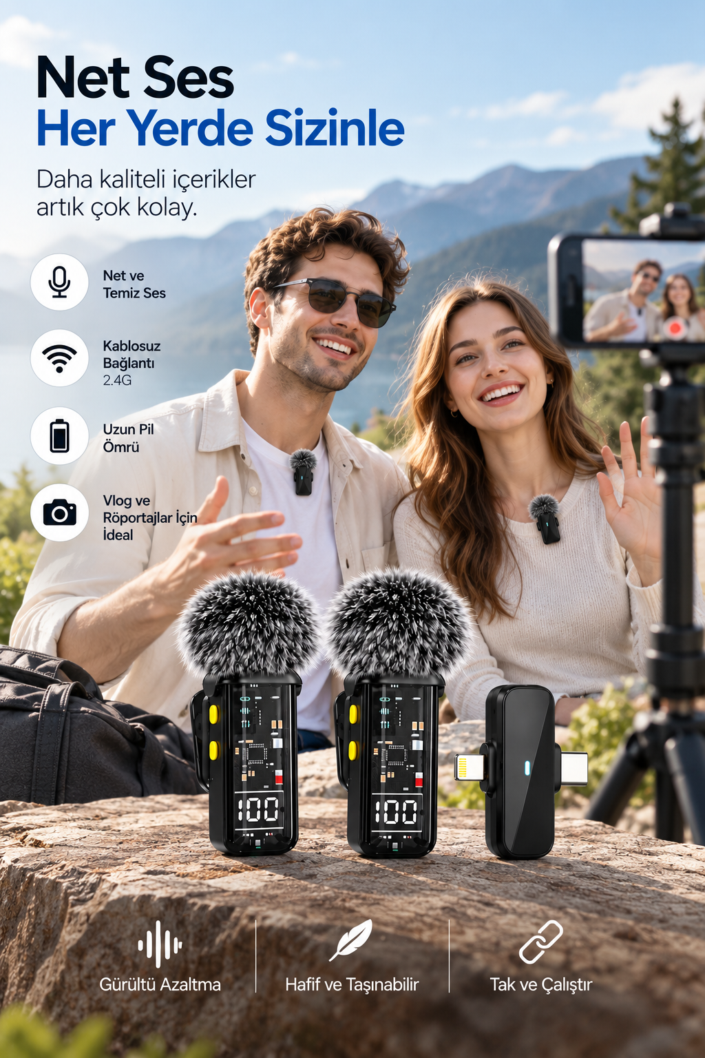 2.4G Kablosuz Çift Mikrofonlu Yaka Mikrofonu İçerik Üretim Seti