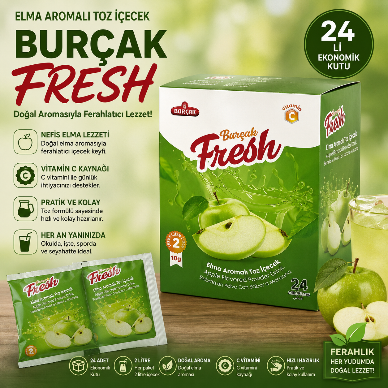 24’lü Elma Aromalı Toz İçecek 10 Gr | C Vitaminli Soğuk İçecek Tozu
