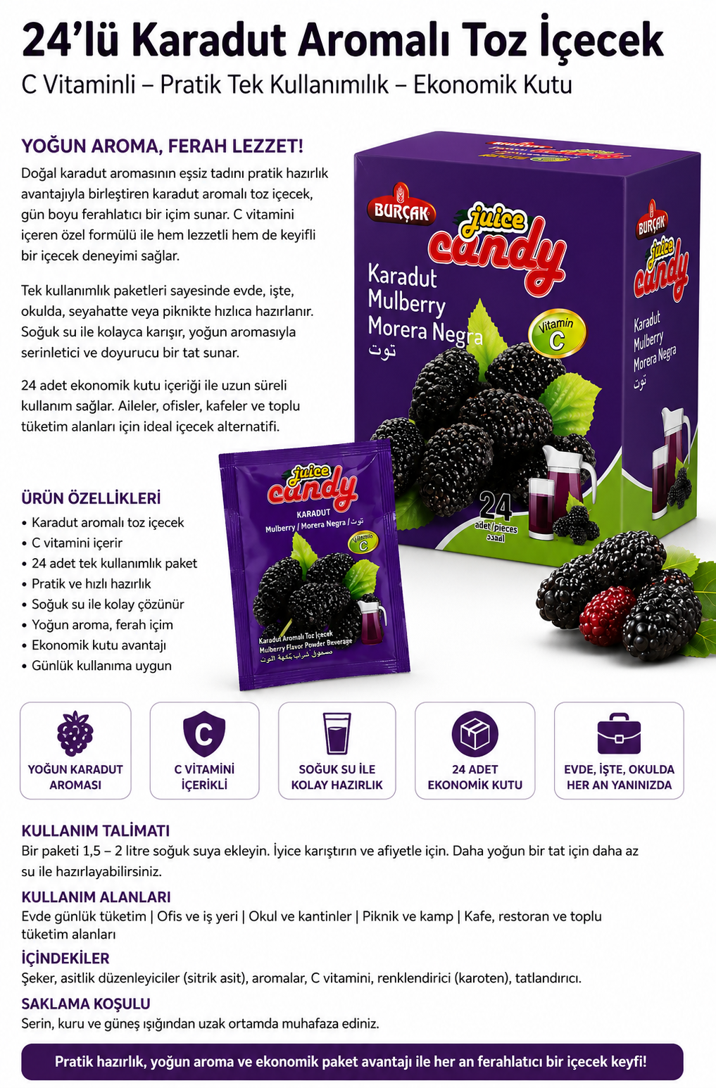 24’lü Karadut Aromalı Toz İçecek Vitamin C İçerikli Pratik Tek Kullanımlık Soğuk İçecek Tozu