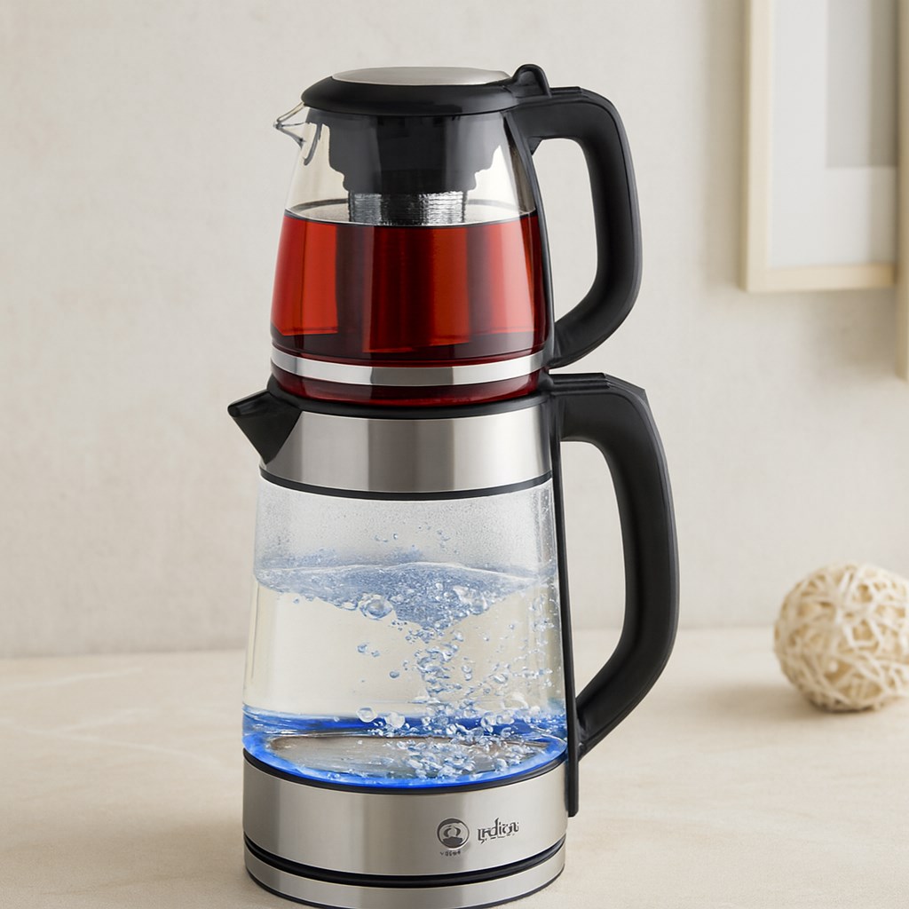 2'si 1 Arada Elektrikli Çay Makinesi ve Kettle 2L+1.2L Çelik