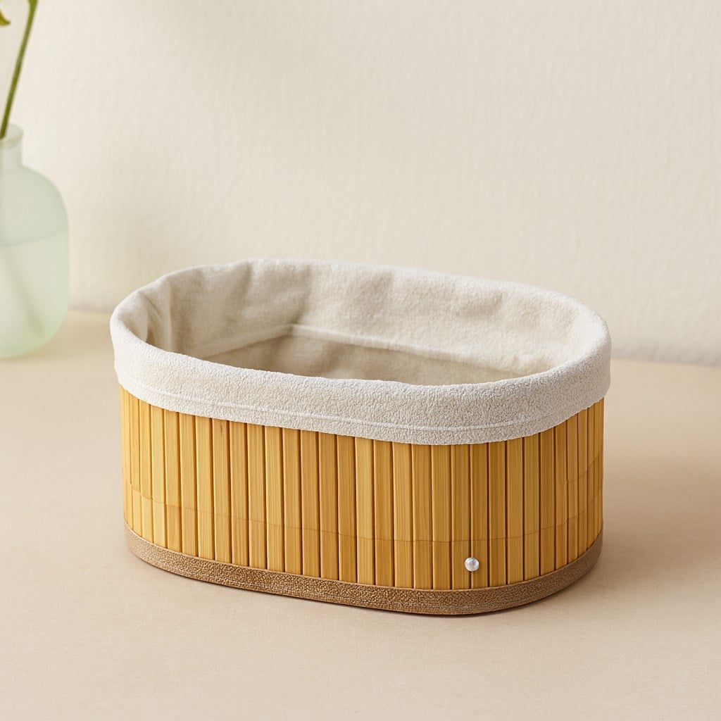 3 Boy Oval Organizer Sepet - Bambu Kenarlı, Ahşap Tabanlı, Bezli