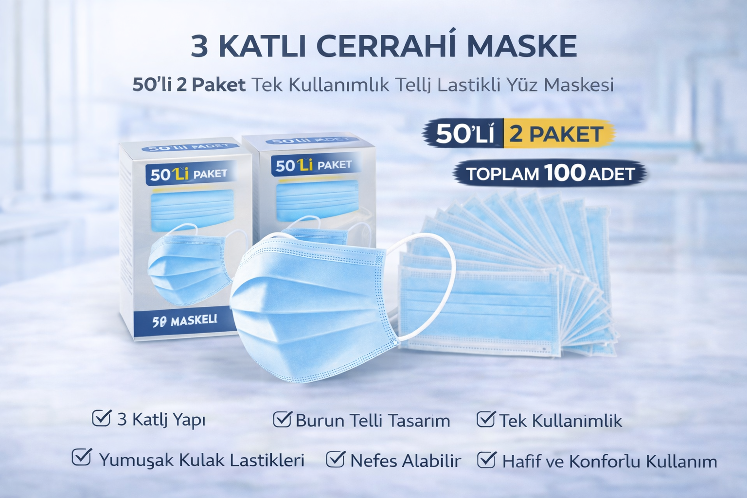 3 Katlı Cerrahi Maske 50'li 2 Paket Tek Kullanımlık Telli Lastikli Yüz Maskesi Toplam 100 Adet